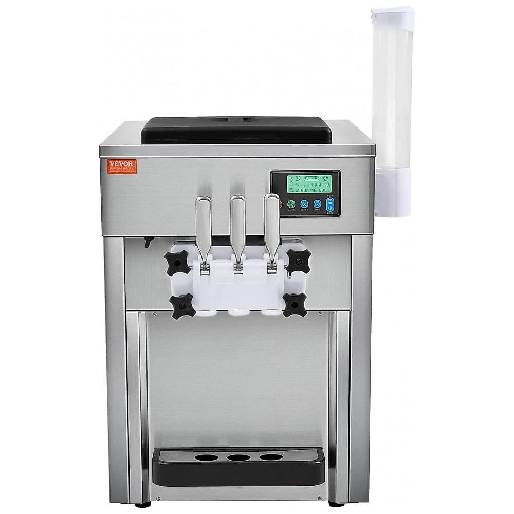 Máquina de Sorvete Soft VEVOR BQL-7220T 3 Sabores 20L/h Painel LCD Auto Limpeza Inox 110V