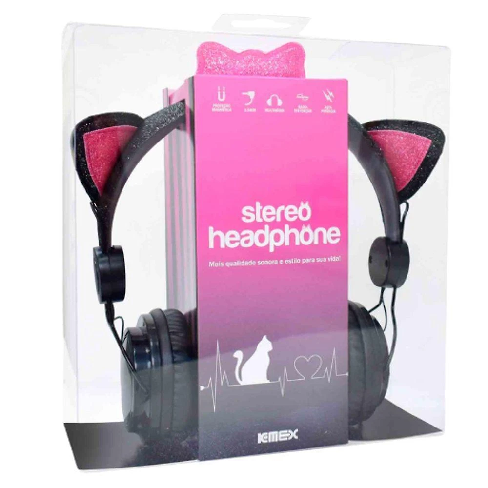 Miniatura Headphone Cat Ear Fone De Ouvido K-mex Preto E Rosa Ar30