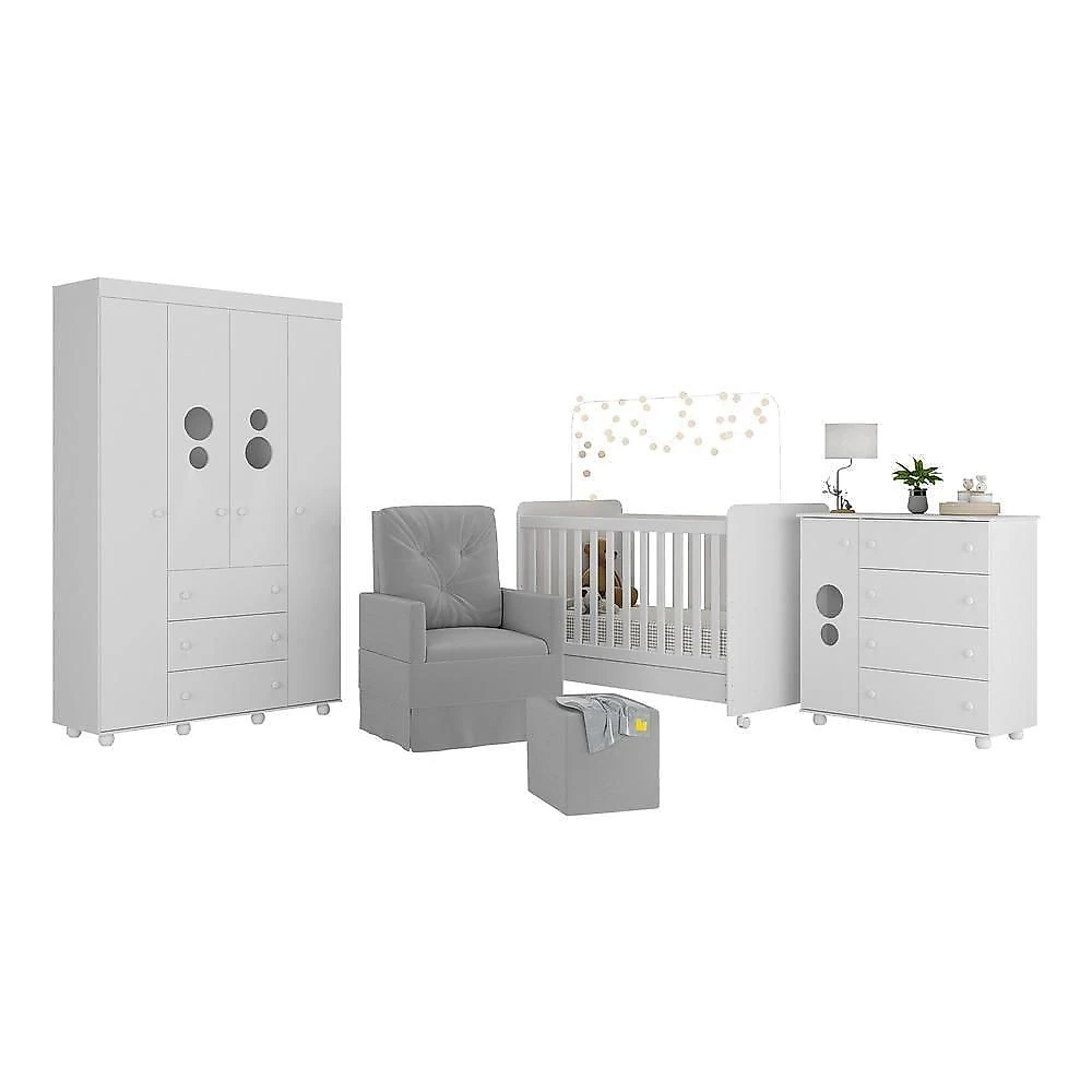 Quarto Completo Com Poltrona De Amamentação E Puff Pimpolho Mp4079 Branco/Cinza Branco/Cinza