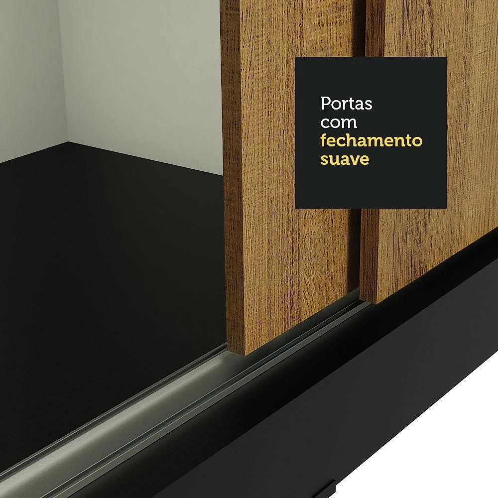Guarda-roupa casal madesa austin 4 portas de correr com espelhos 3 gavetas preto/rustic