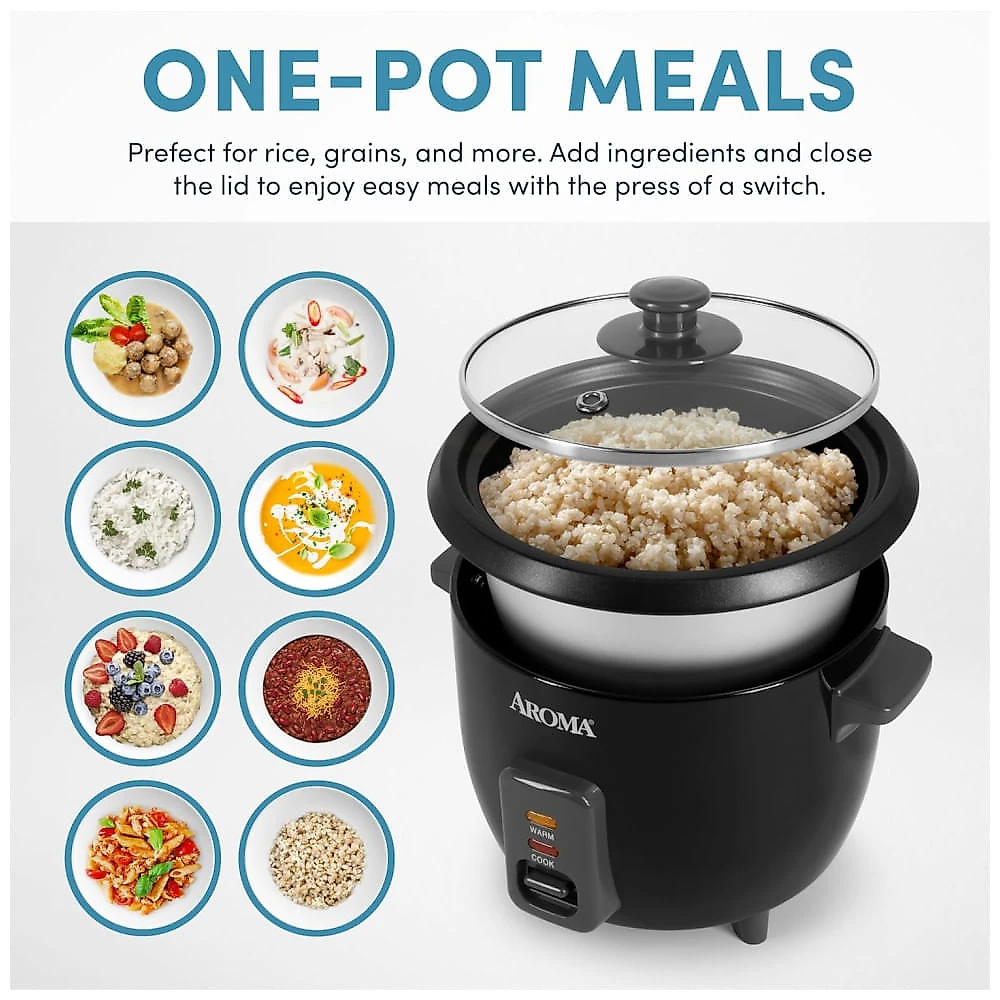 Panela de Arroz e Grãos Aroma Housewares 1,5L (ARC-363NGB), Preto, 6 Xícaras Cozidas / 3 Xícaras Crus, Ideal para Arroz e Grãos Diversos.