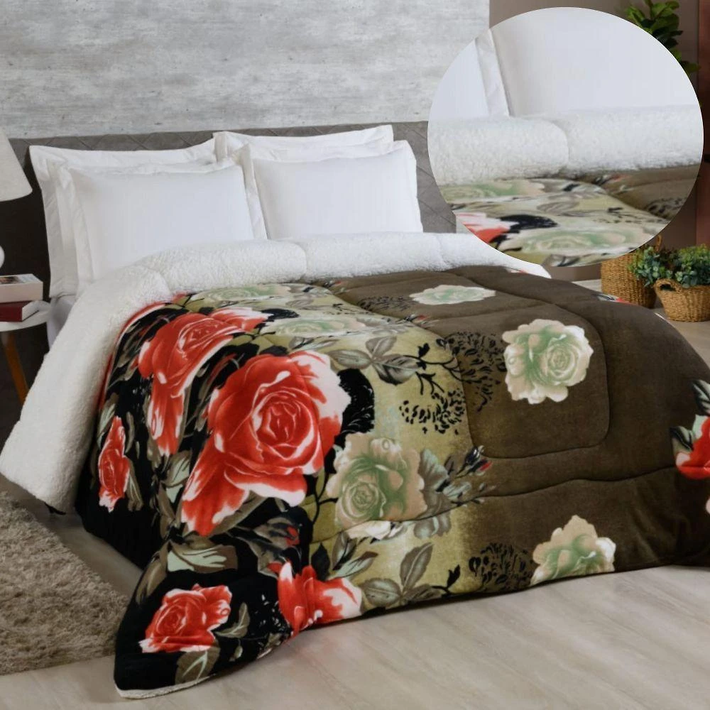 Edredom Coberdrom Sonobom King Sherpa E Manta - Floral Preto - 100% Poliéster