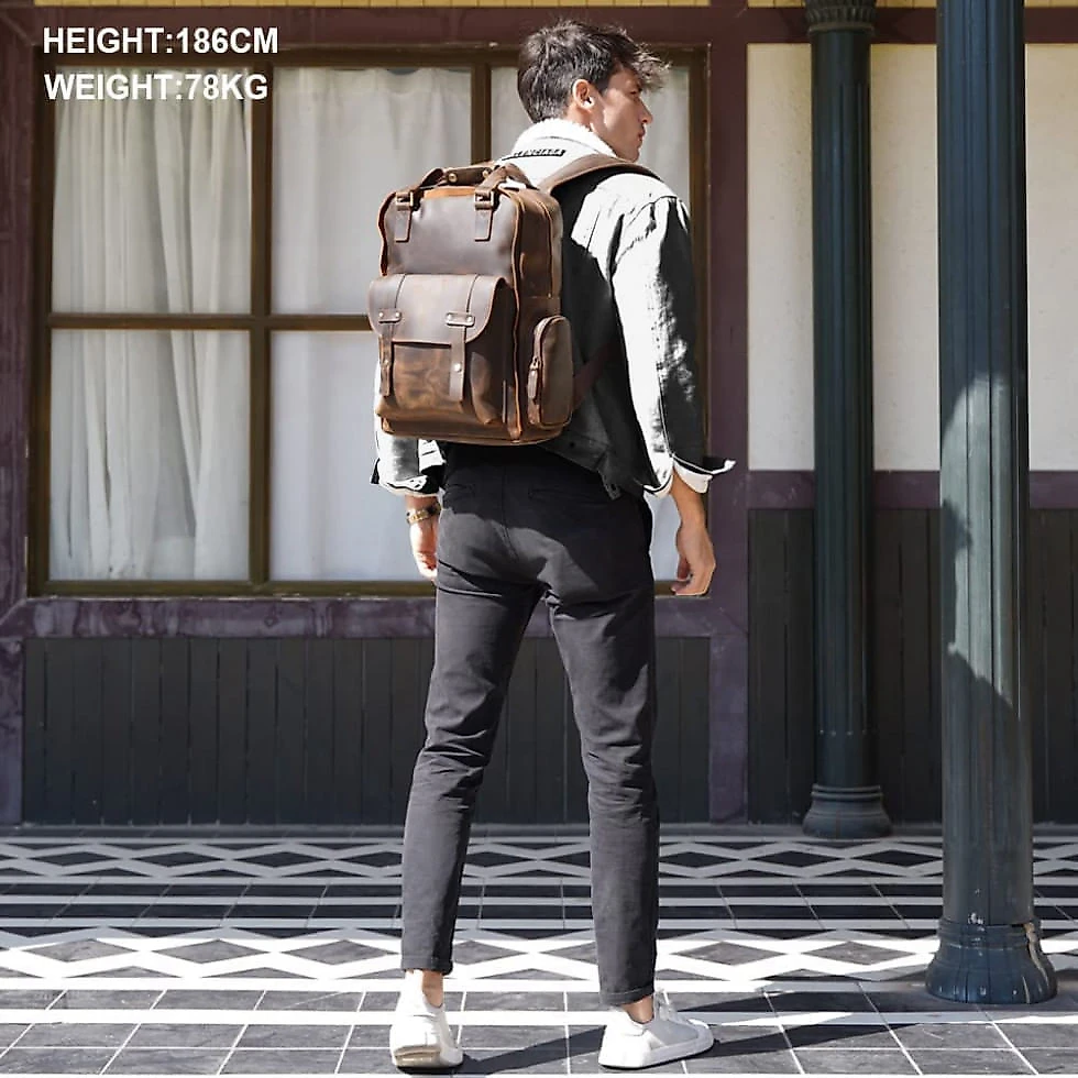 Mochila Masculina para Laptop de Couro, TIDING, Marrom