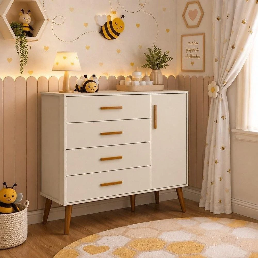 Quarto de Bebê Completo Isis / Berço 2 em 1, Cômoda Sapateira 100% MDF Areia