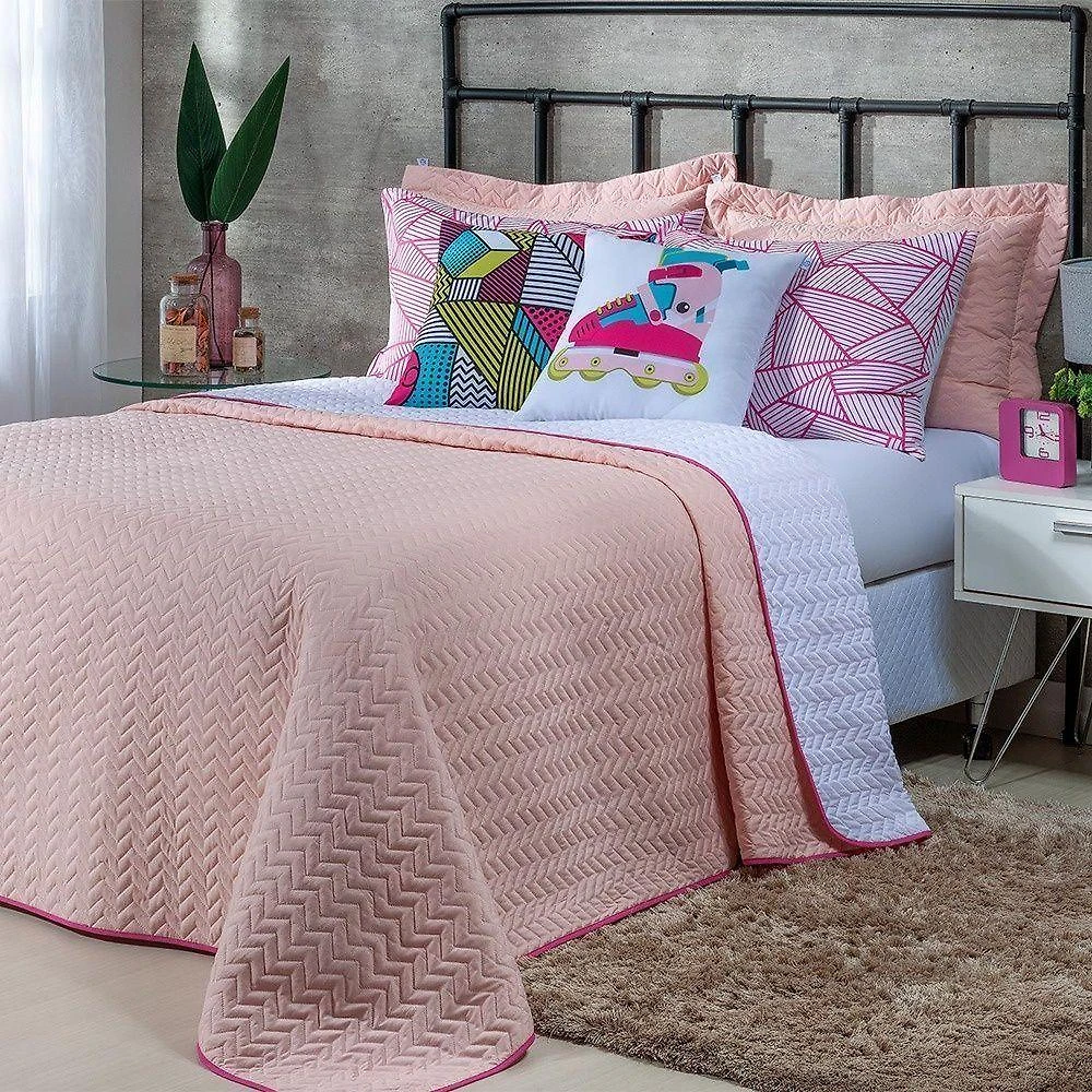 Kit Cobre Leito 7 Peças Queen Colorful To Decorando 100% Poliéster - Patins Rosa