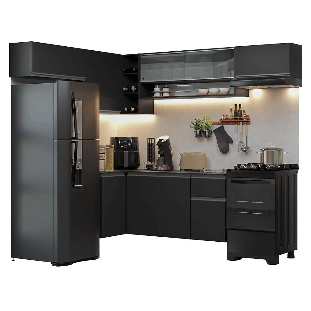 Armário de cozinha completa de canto suspenso 405 cm preto nice madesa 04