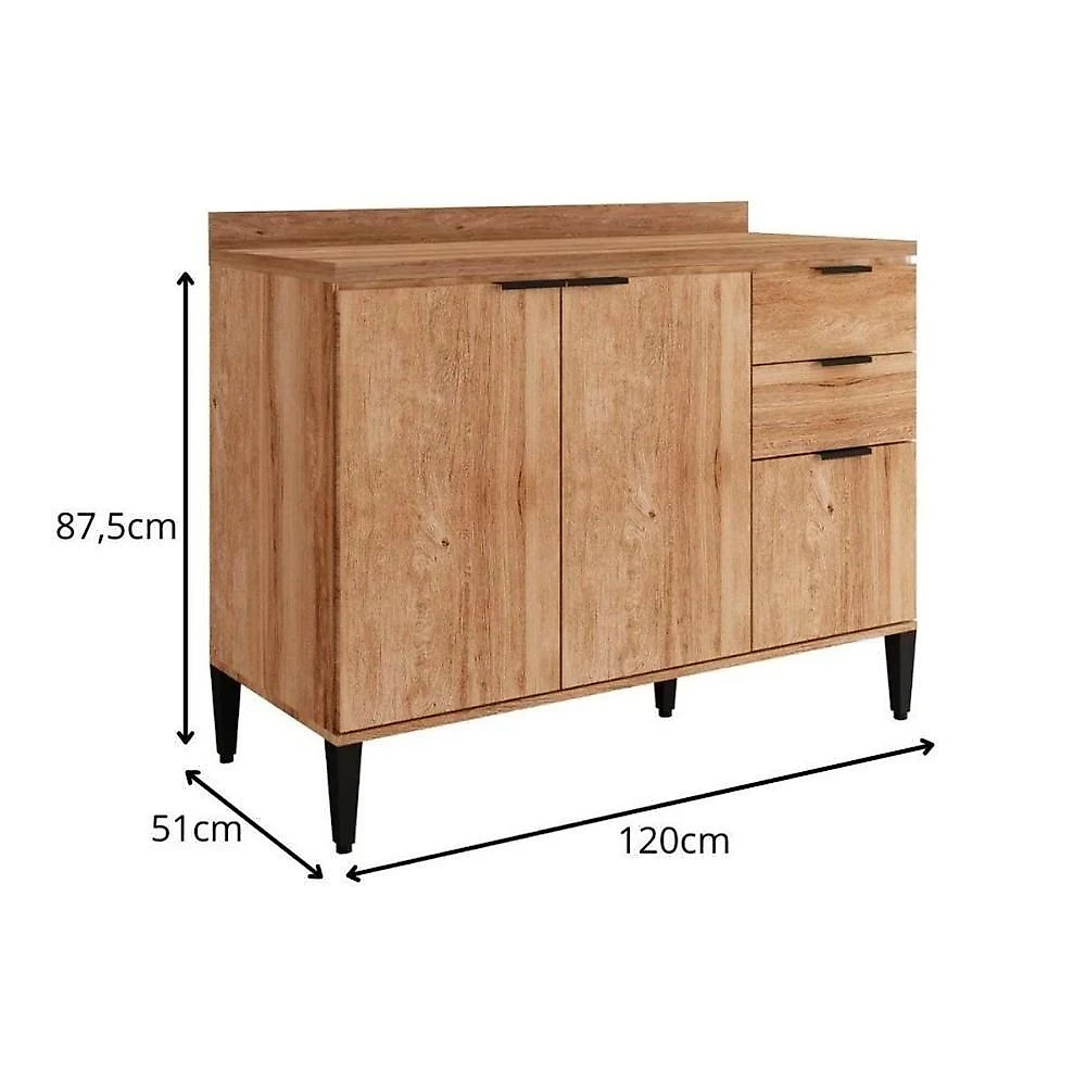 Gabinete De Cozinha Modulado Balcão Alpha 2506 3 Portas E 2 Gavetas Com Tampo 120cm Freijó