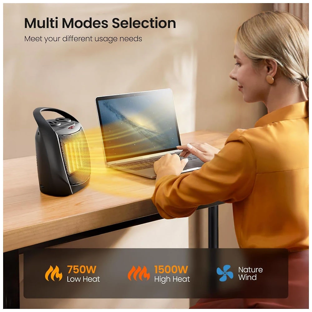 Miniatura Aquecedor Ceramico Portatil Kismile Preto 750W 1500W 3 Modos Termostato Ajustavel Modelo PTC-902A 120V