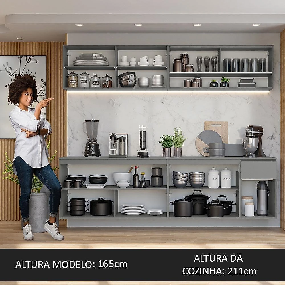 Armário De Cozinha Completa Suspenso 240Cm Cinza