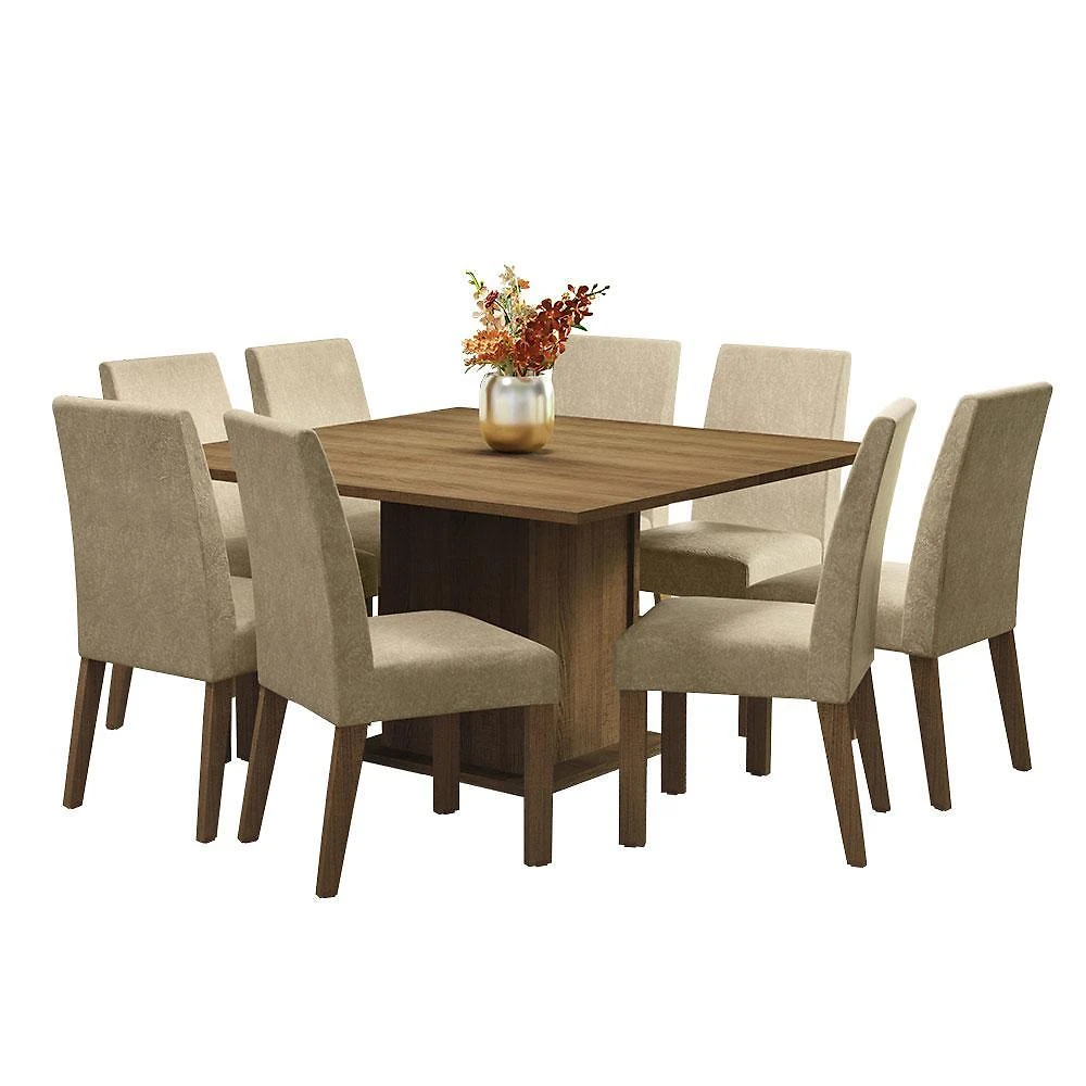 Conjunto sala de jantar mesa tampo de madeira 8 cadeiras rustic/imperial doris madesa