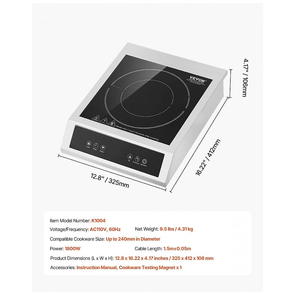 Cooktop de Indução Portátil VEVOR K1004 Preto 1800W 9 Níveis Timer 3H Trava de Segurança 110V