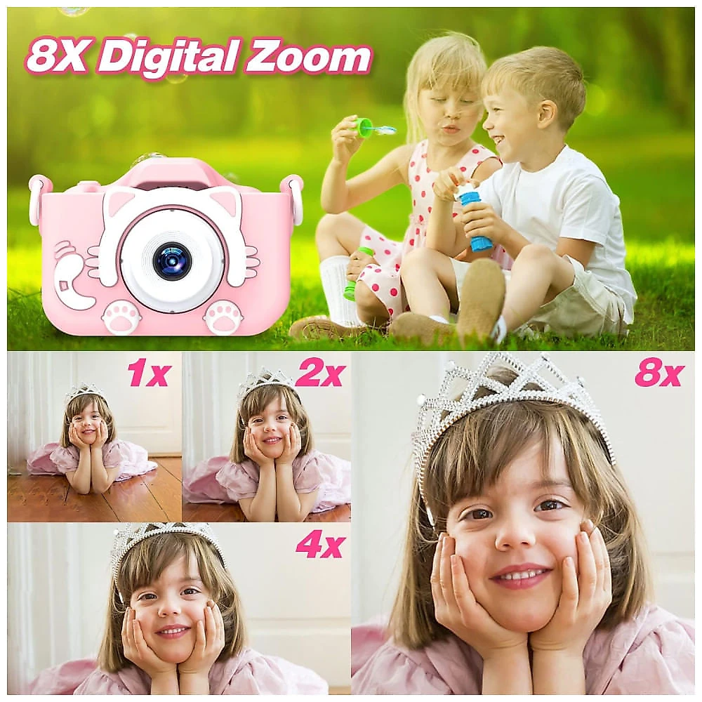 Câmera infantil Goopow para crianças de 3 a 8 anos, com vídeo HD 1080p, 12 MP, zoom digital 8x, 28 molduras divertidas, jogos e cartão SD de 32 GB.