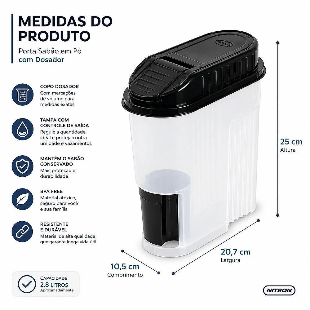 Porta Sabão em Pó com Dosador Plástico Resistente BPA Free Organizador Lavanderia Multiuso 2L Yeet