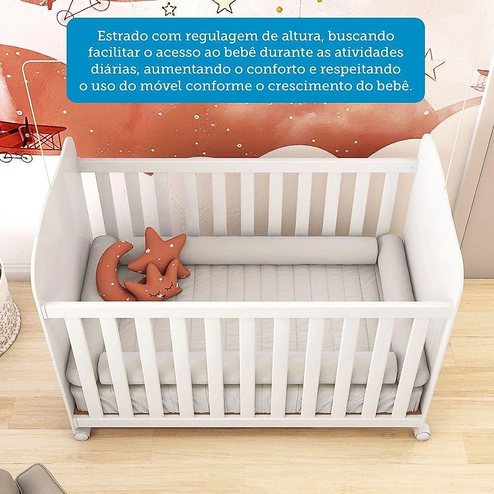 Quarto de Bebê Completo com Guarda Roupa 3 Portas Cômoda e Berço 100% MDF Mimo Espresso Móveis Branco Brilho