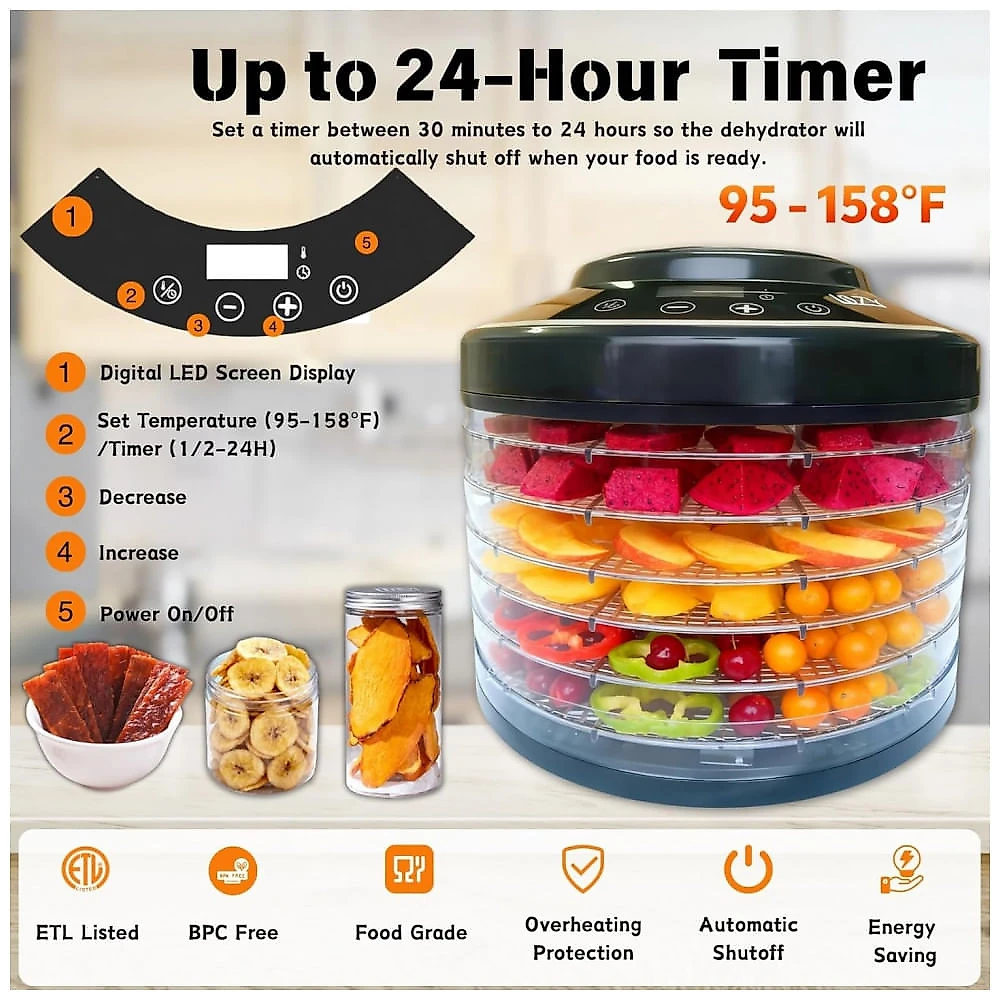 Desidratador de Alimentos Lszy Preto 6 Bandejas Timer 24H 600W 120V