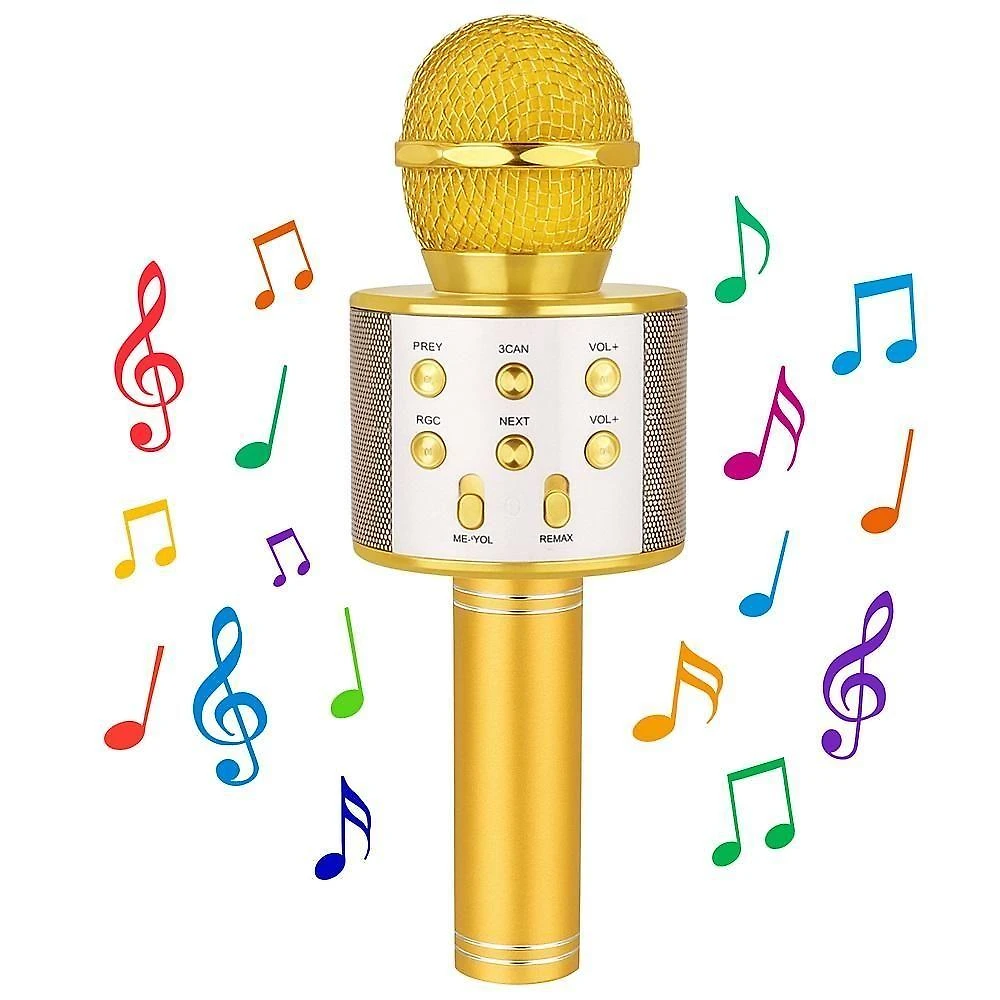 Microfone Karaokê Bluetooth Portátil Infantil com Mixer e Som Potente 6W Dourado Yeet