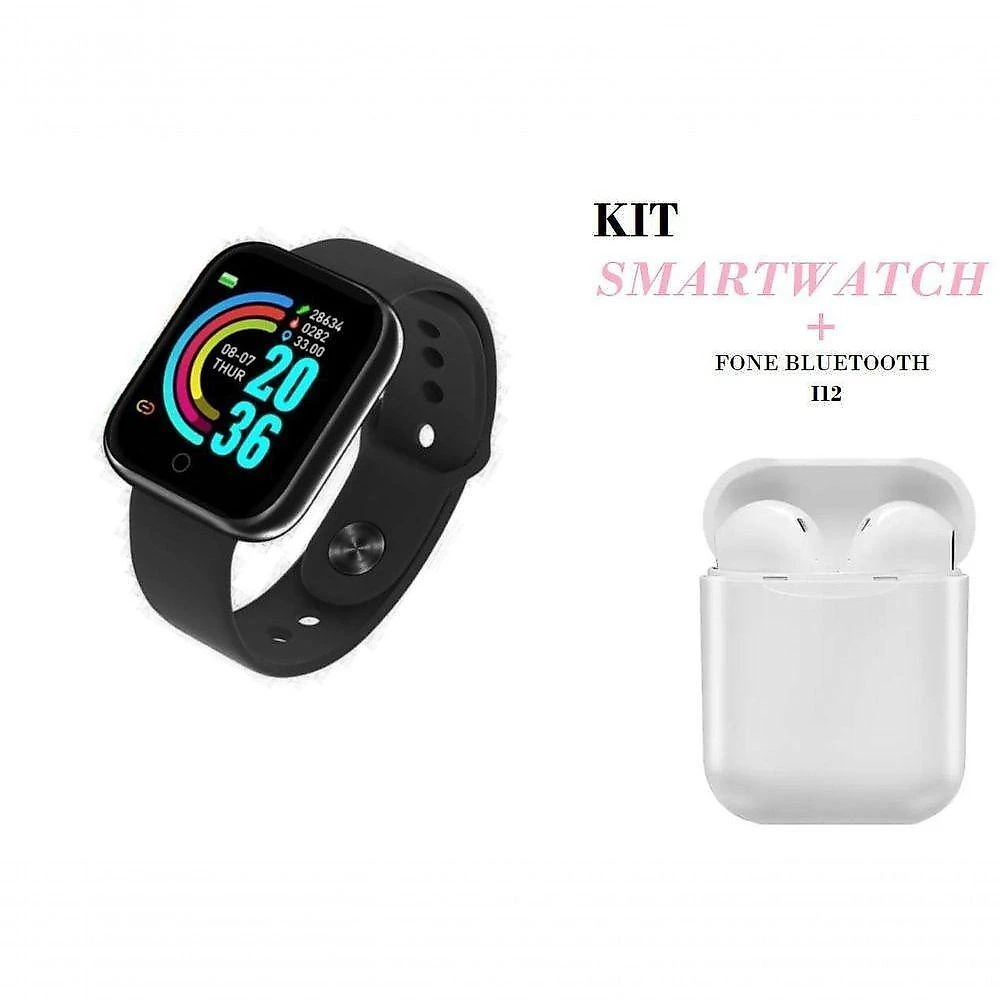 Relogio Inteligente Smartwatch D20 Preto + Fone Bluetooth