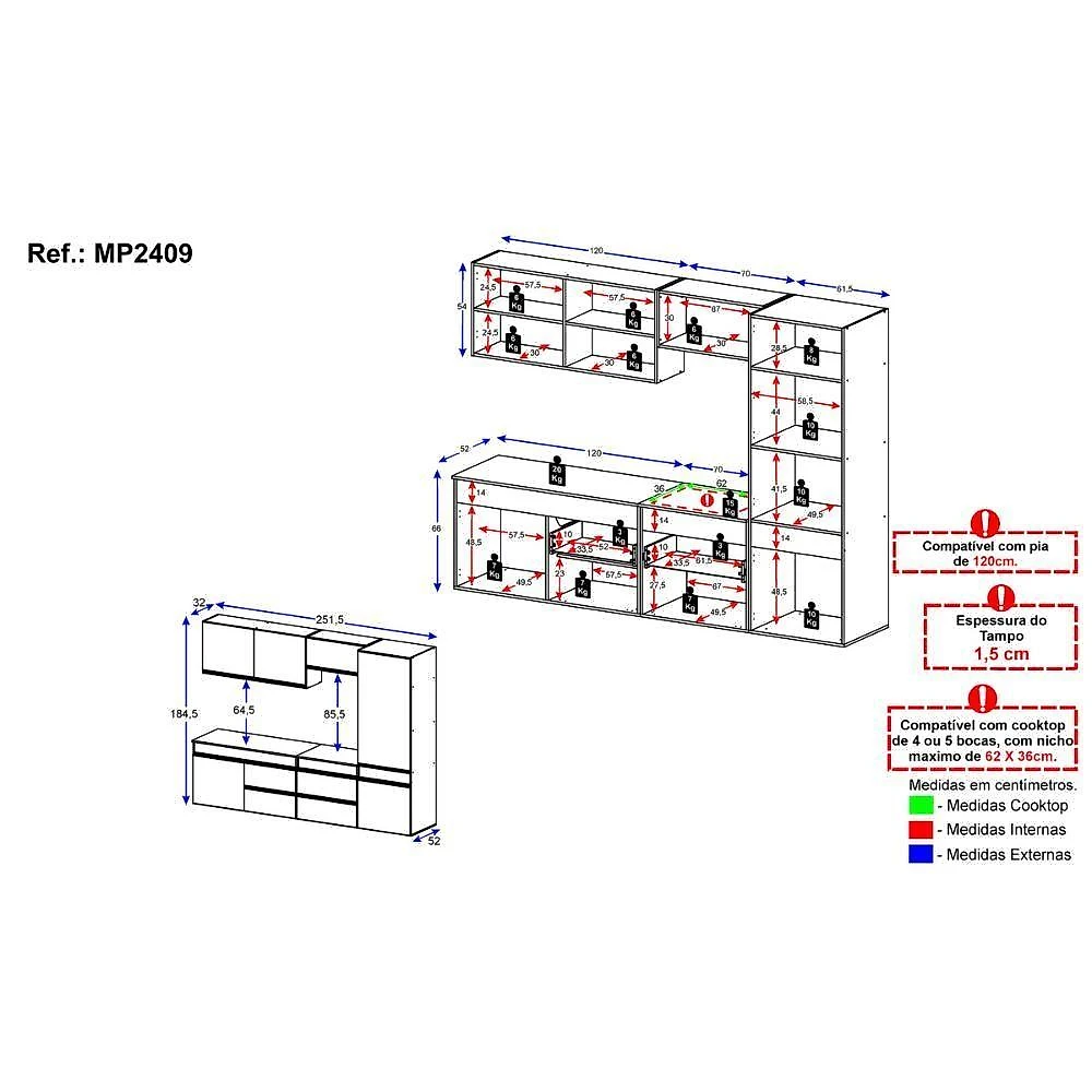 Cozinha Modulada Suspensa Milano MP2409 8 Portas 2 Gavetas 251,5cm Cinza Grafite Multimóveis