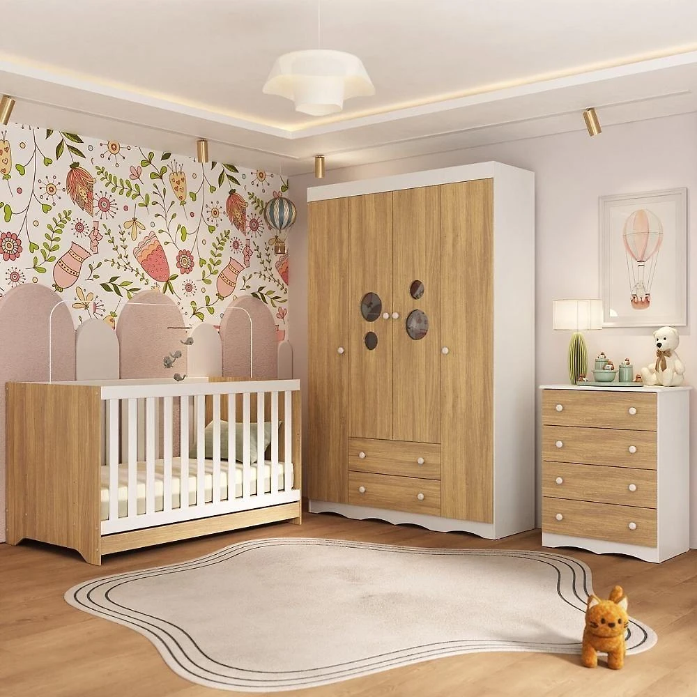Quarto De Bebê Completo Com Berço Americano 3 Em 1 Sonho Multimóveis MP4619 Branco-madeirado