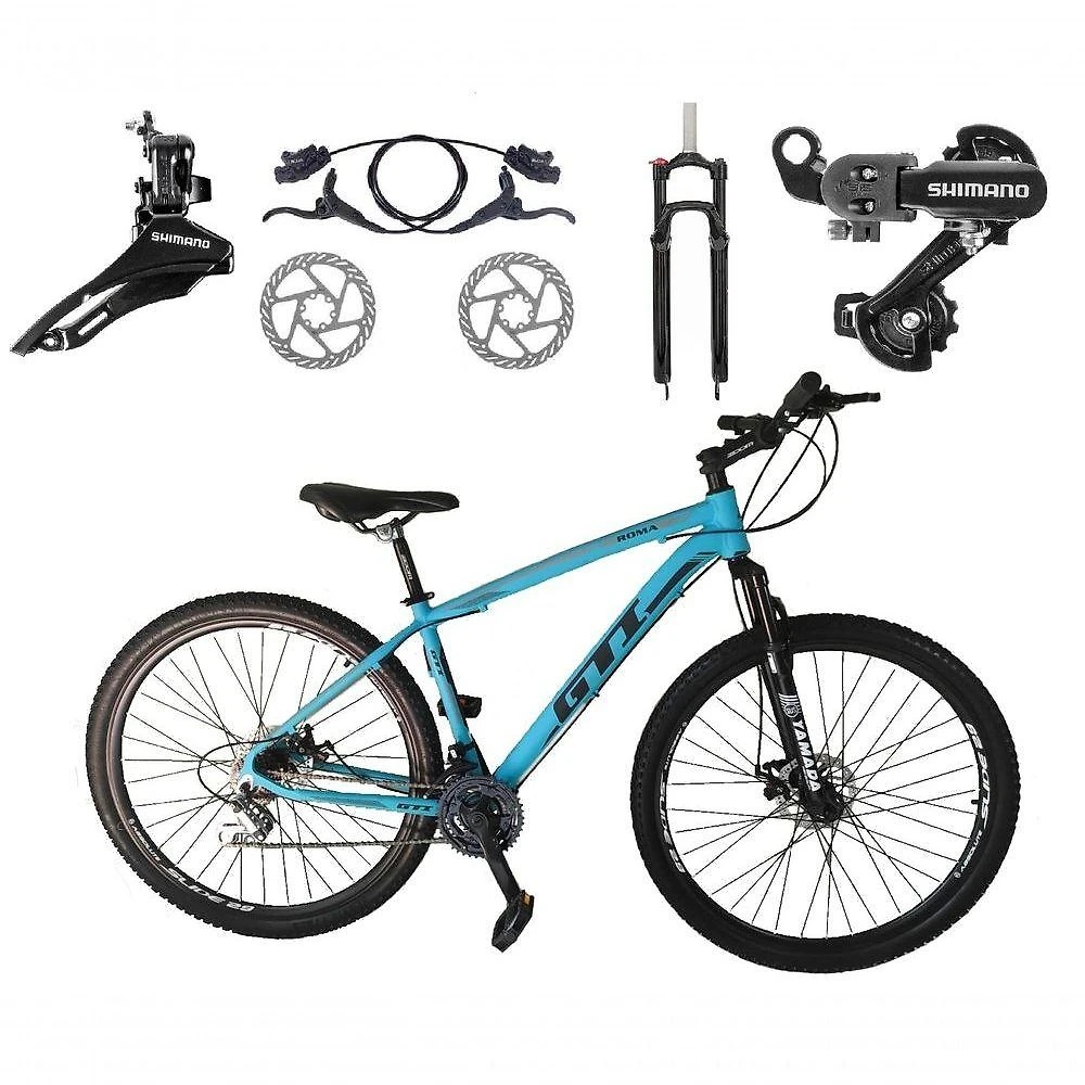 Bicicleta Aro 29 Gti Roma Shimano 24v K7 Freio A Disco Hidráulico Garfo Com Trava - Azul Tam.19