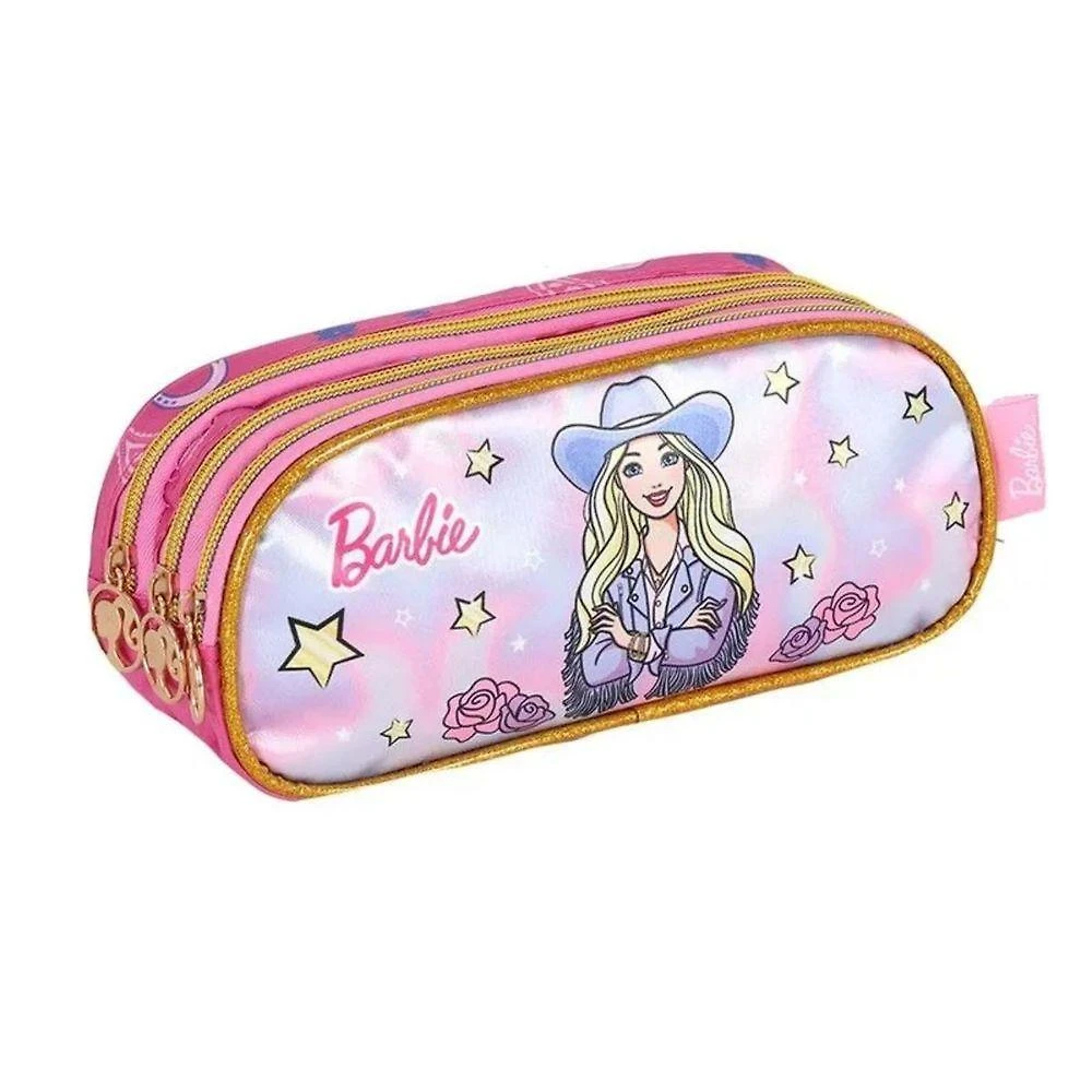 Estojo Escolar Luxcel Barbie Cowgirl Triplo Compartimento Infantil Rosa