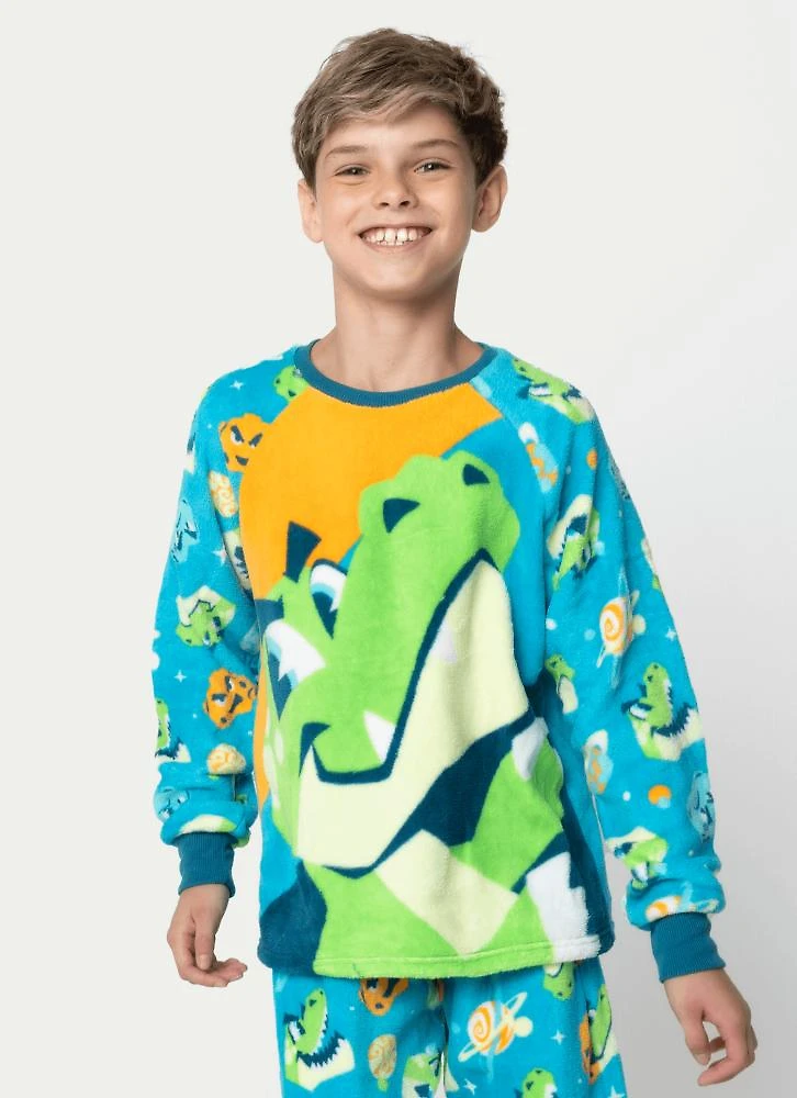 Pijama manga longa soft menino teen dino astronauta