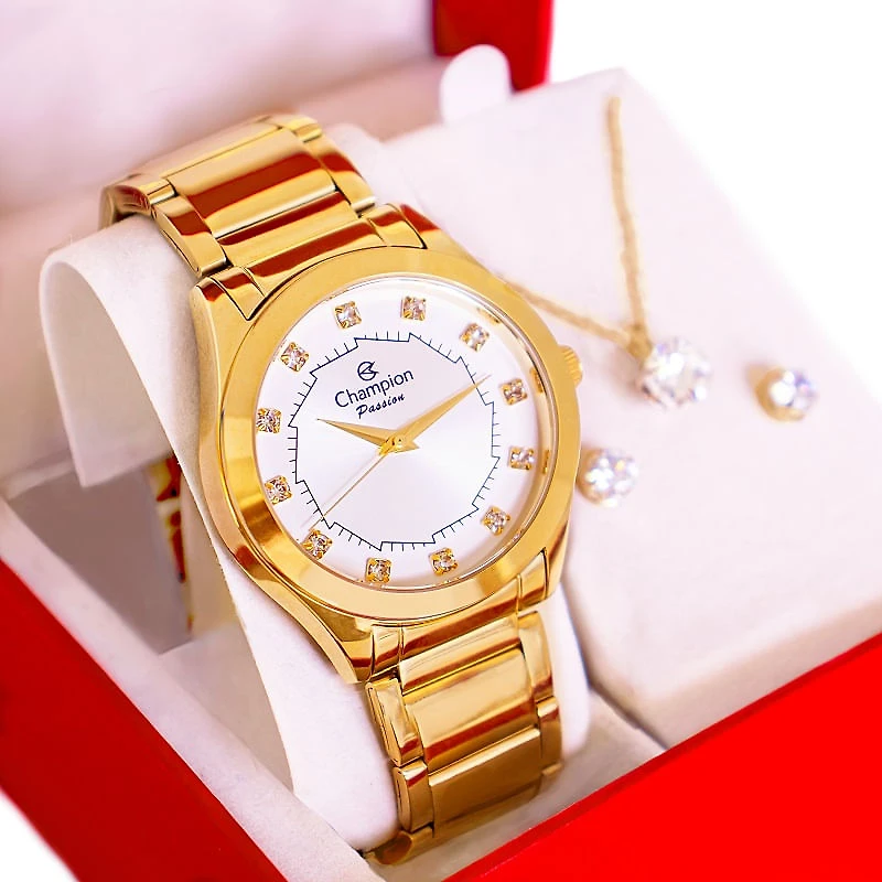 Kit Relógio Feminino Champion Dourado Prova D'água 50 Metros CH24759W com Colar e Brincos