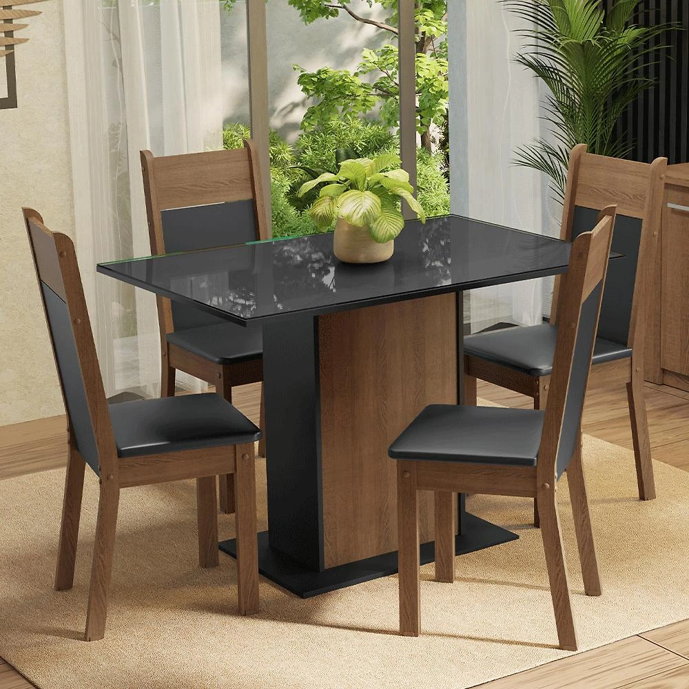 Conjunto Sala de Jantar Mesa Tampo de Vidro 4 Cadeiras Viena Madesa
