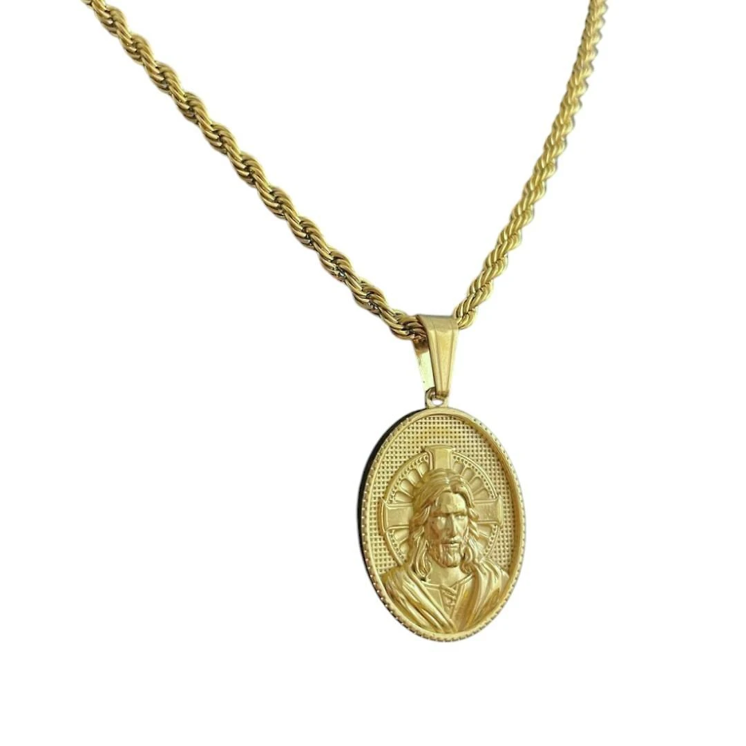 Miniatura Cordão Baiano 5Mm + Pingente Jesus Oval - Banhado A Ouro
