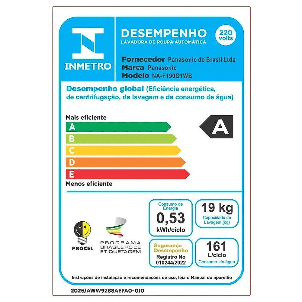 Lavadora NAF190G1W Ciclo Aroma Soft Closing 19kg Panasonic Branco 220V