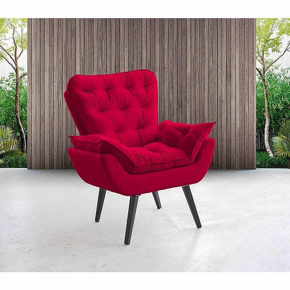 Poltrona Luxo Assento Fixo Tecido Veludo Vermelho De Casa Decor Estofados