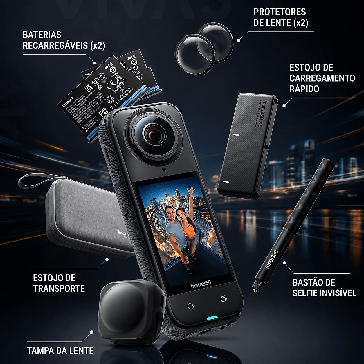 Câmera Insta360 X5 360° 8K Essentials Bundle 2 Baterias e Bastão