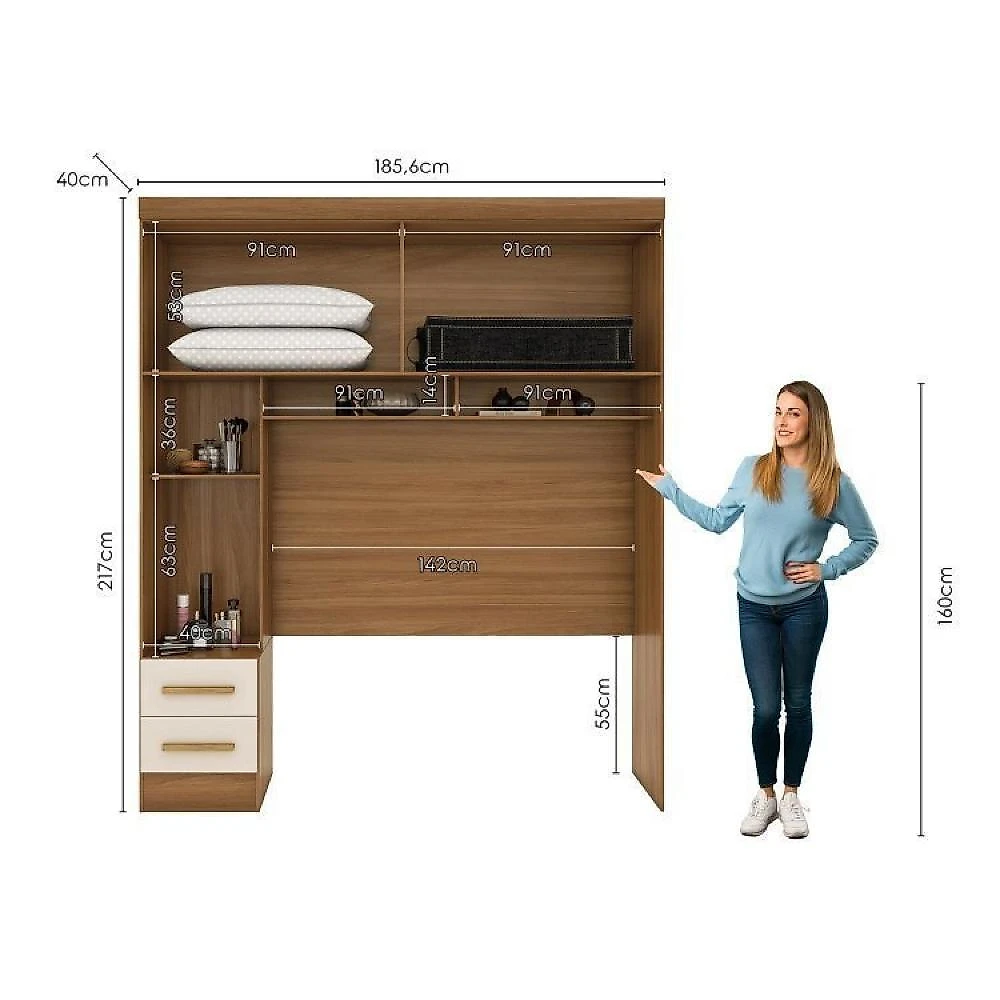Quarto de Casal Completo 5 Peças 6 Portas 4 Gavetas com Maleiro Smart Plus Cinamomo/Off White
