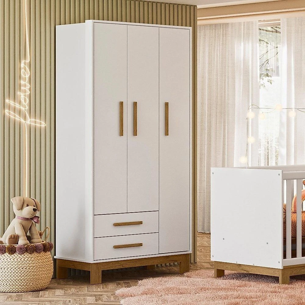 Quarto para Bebê Completo 3 Peças Guarda-Roupa, Cômoda e Berço Encanto Slim Conjunto para Quarto de Bebê Encanto Slim Branco Acetinado