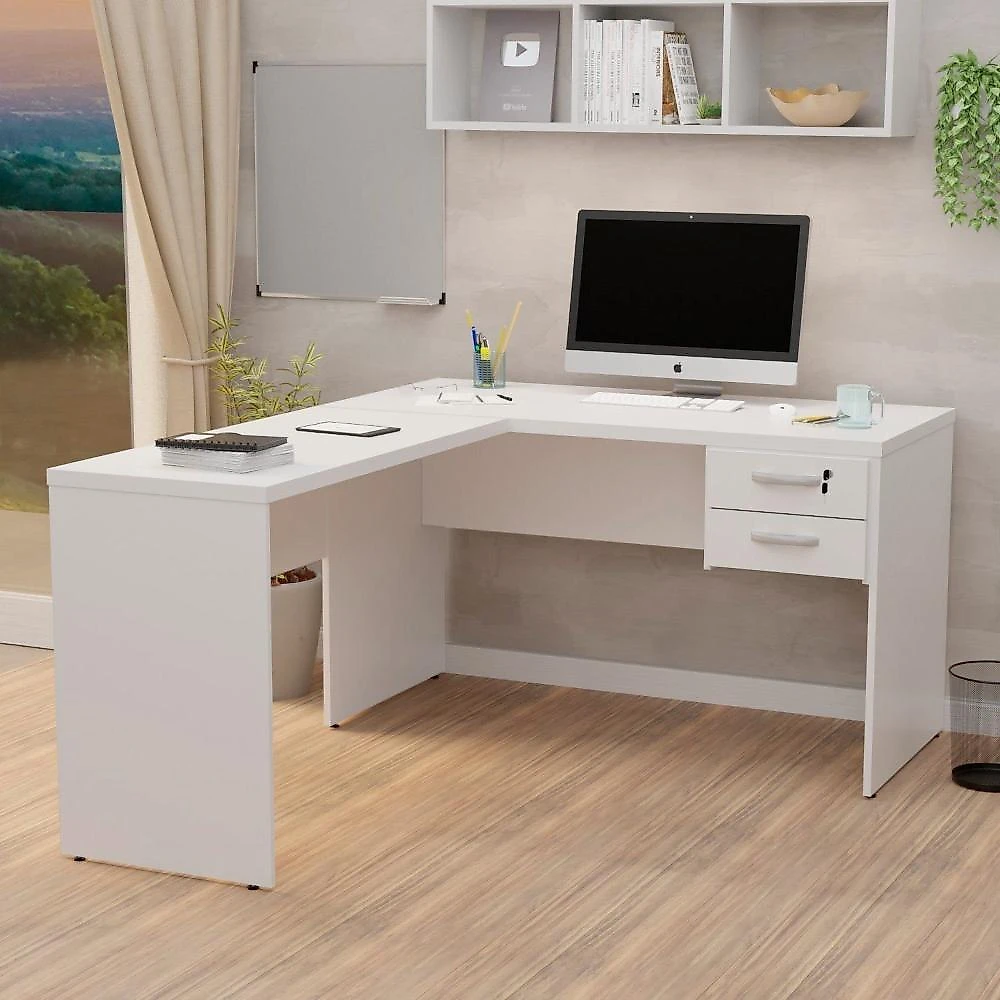 Mesa de Escritório em L 120x60cm com 2 Gavetas + Cadeira de Escritório Ergonômica Reclinável