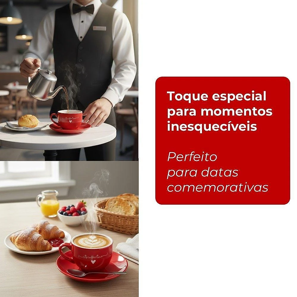 Jogo de Xícaras de Chá Cappuccino Lamour Porcelana 160ml com Pires Vermelho Hauskraft