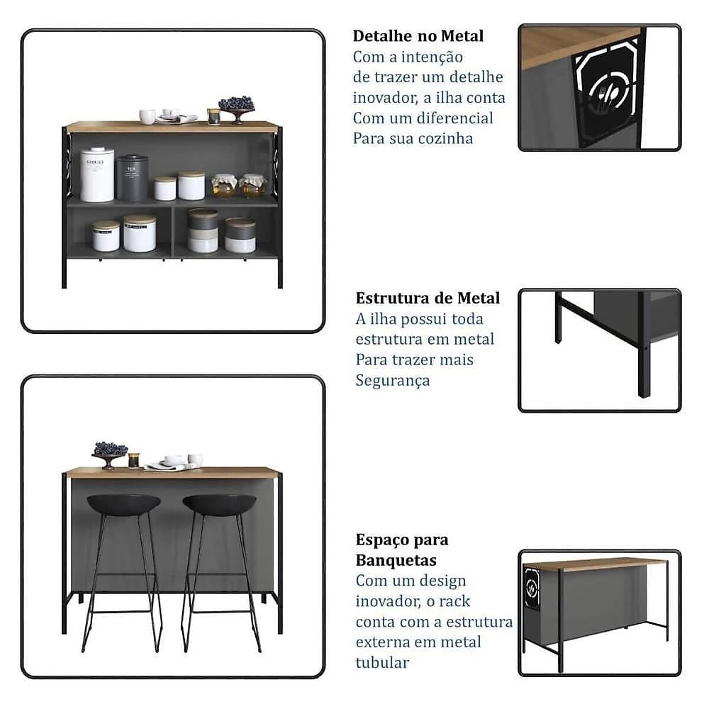 Balcão Mesa Bancada para Cozinha 127CM com Prateleira MDP Mel com Grafite