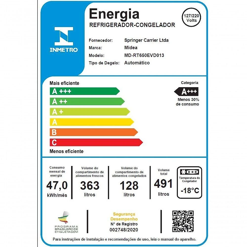 Geladeira Frost Free Inverter Midea MD-RT650EVD013 491L - Branco Bivolt
