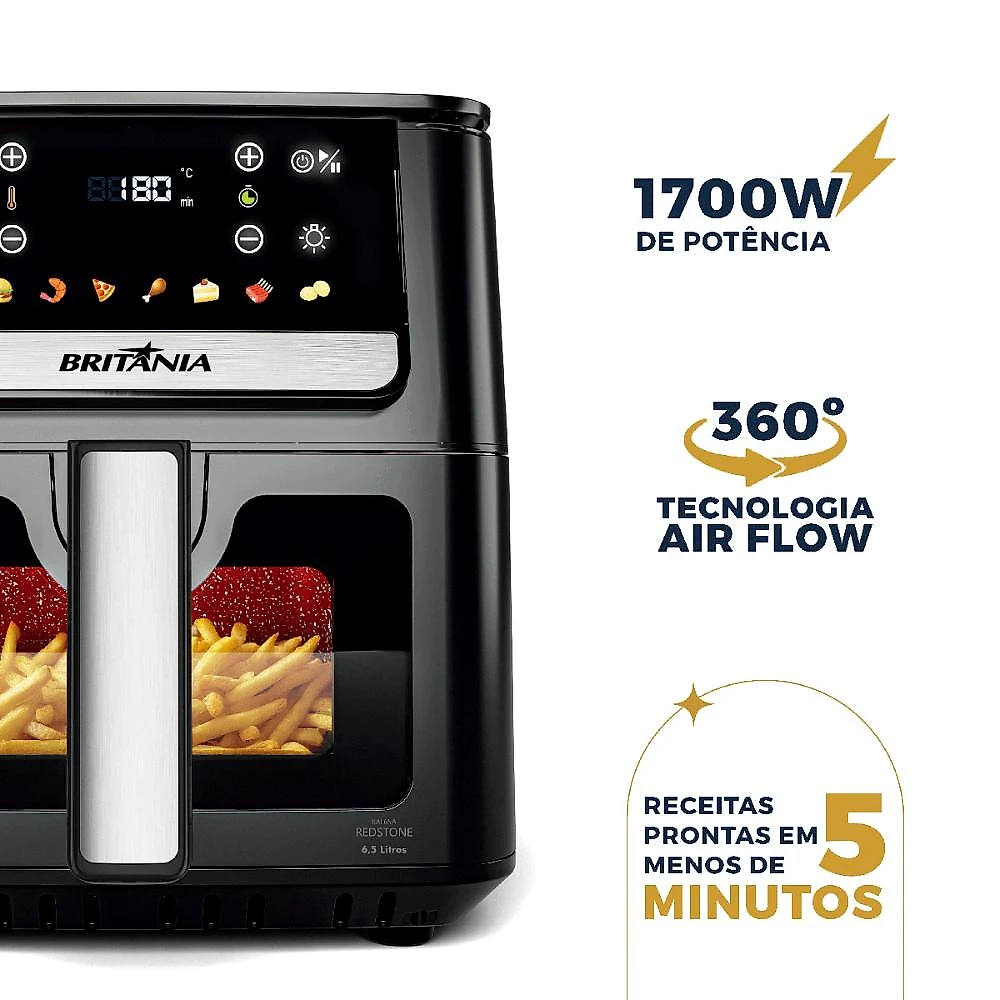 Air Fryer Britânia 6,5L Cesto Quadrado Redstone 1700W BAF65A 127V