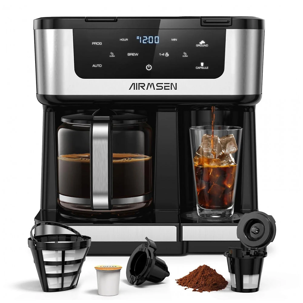 Cafeteira Elétrica AIRMSEN Preta 1,8L 12 Xícaras Dupla Função Cápsulas e Pó Touchscreen 1000W 110V