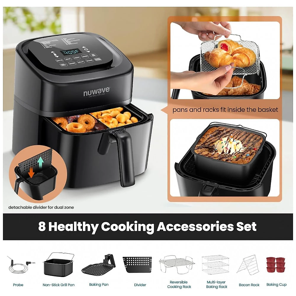 Fritadeira Elétrica Air Fryer 6L Nuwave Brio Preta 10 em 1 Sonda Digital 1800W Cesto Antiaderente 110V