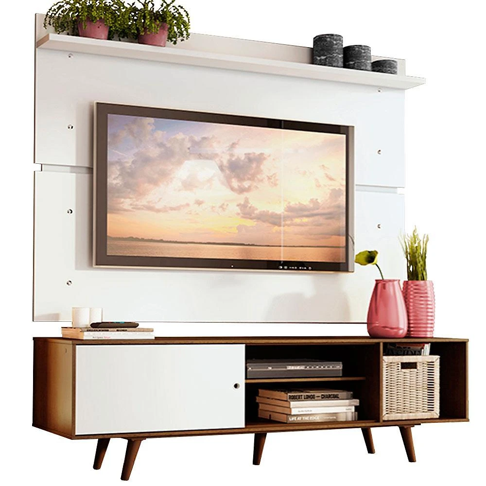 Rack madesa dubai e painel para tv até 65 polegadas com pés - rustic/branco 6e9b