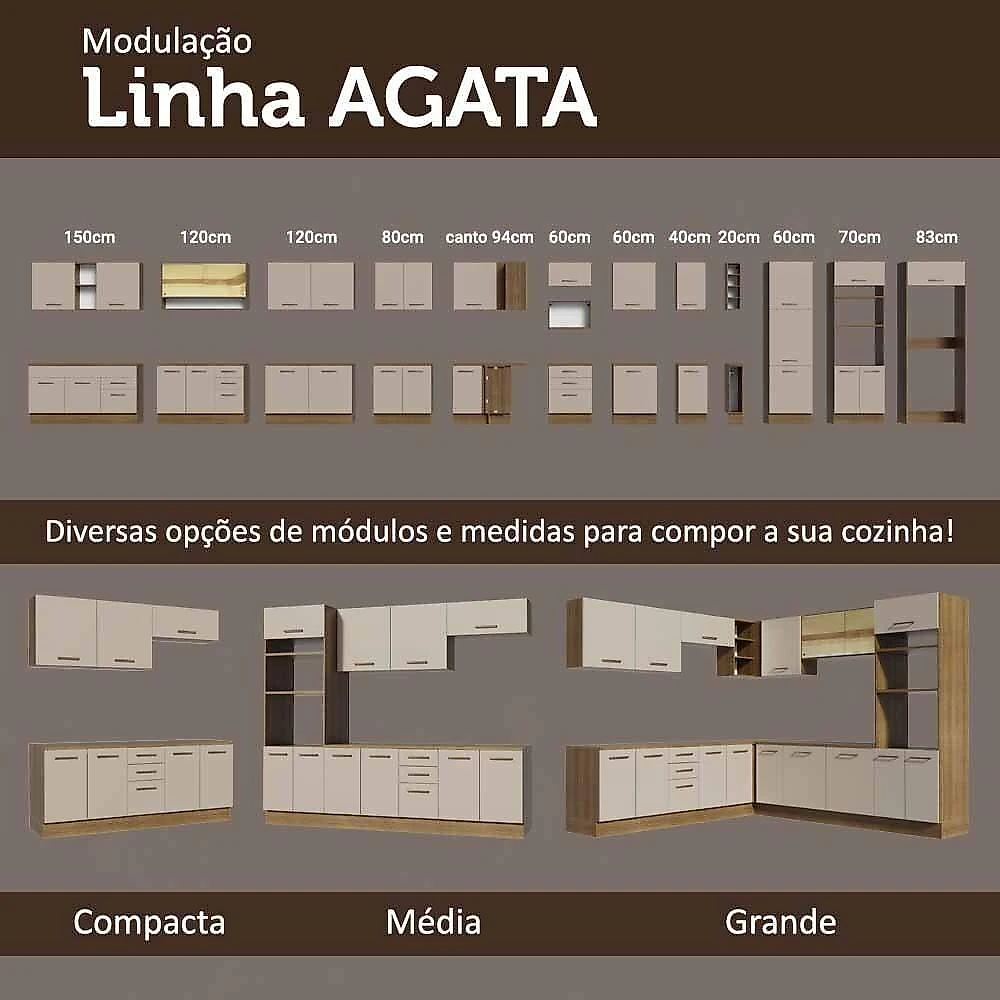 Kit Com 2 Balcões E 2 Armários Aéreos Multiuso 200cm Rustic/crema Agata Madesa Rustic/crema