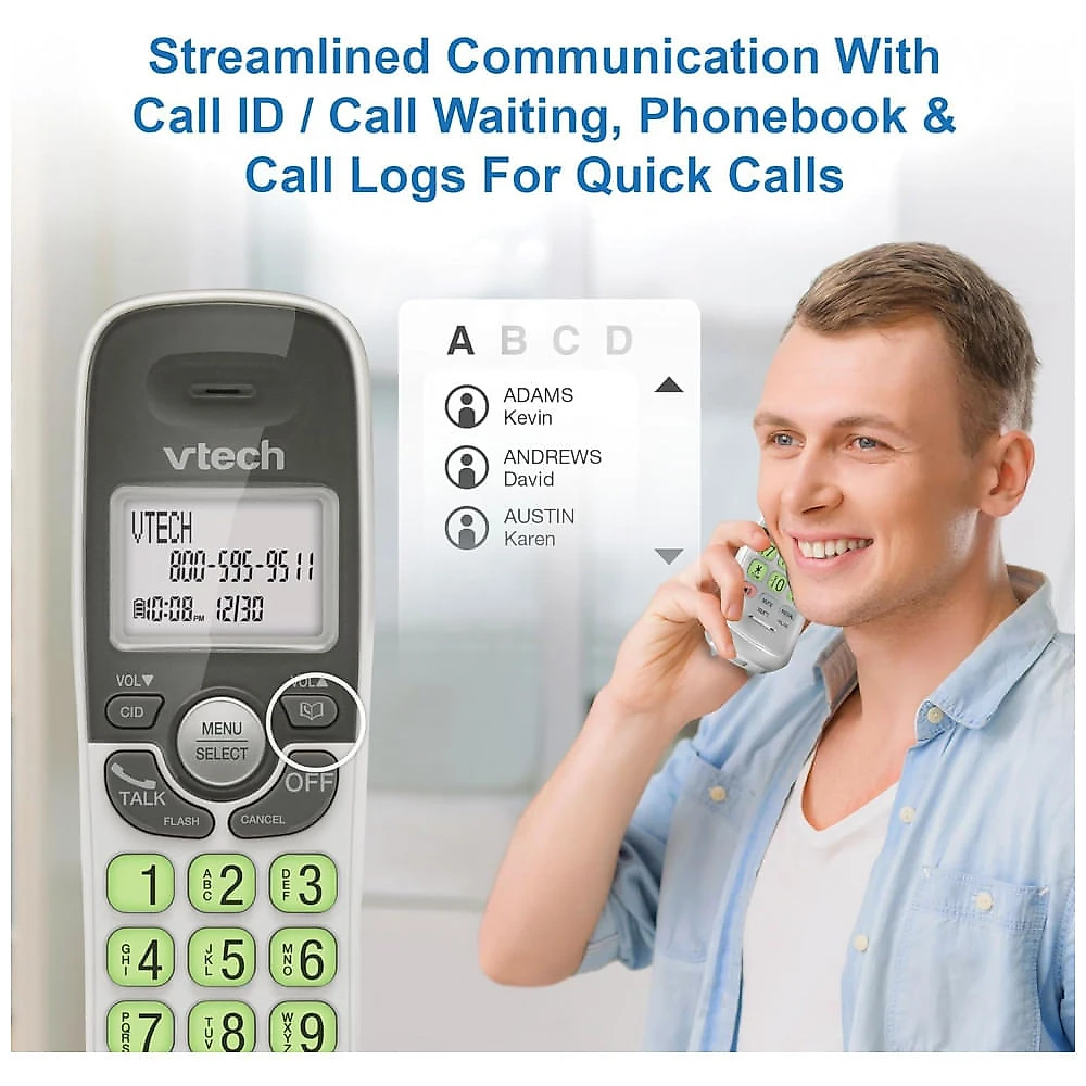 Telefone Sem Fio VTech Branco DECT 6.0 Viva-Duplo Full-Duplex Display Retroiluminado Teclado Iluminado ID Chamadas Montagem Parede VG131