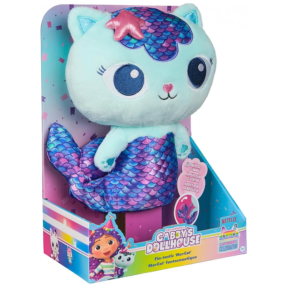 Gabby's Dollhouse: Pelúcia Premium FinTastic MerCat de 25,4cm com Cauda de Sereia Móvel - Brinquedo Interativo para Meninas e Meninos
