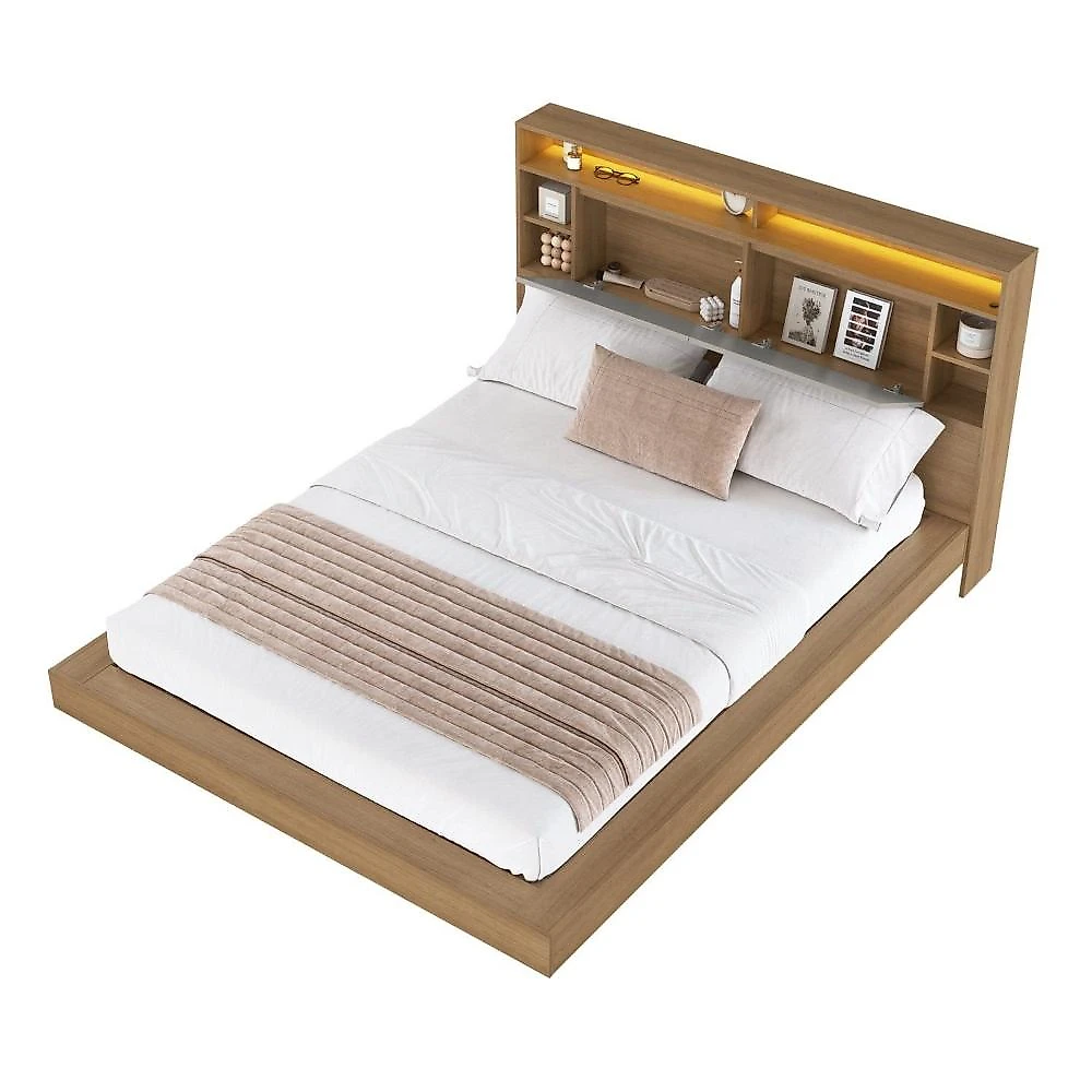 Cama de Casal e Queen Suspensa com Iluminação LED e Organizador na Cabeceira Cancún Mel/Arenas