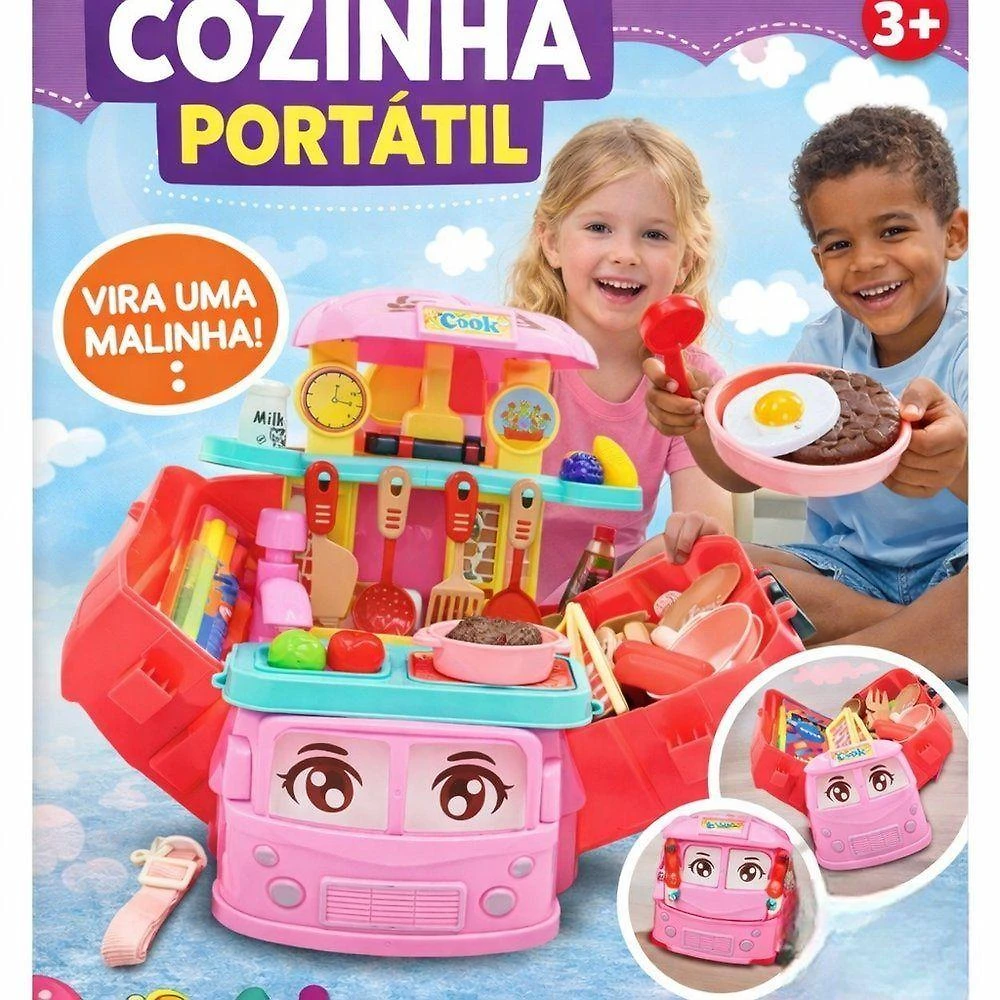 Kit Cozinha Infantil de Plástico 31 Peças Maleta Ônibus e Food Truck First Bikes