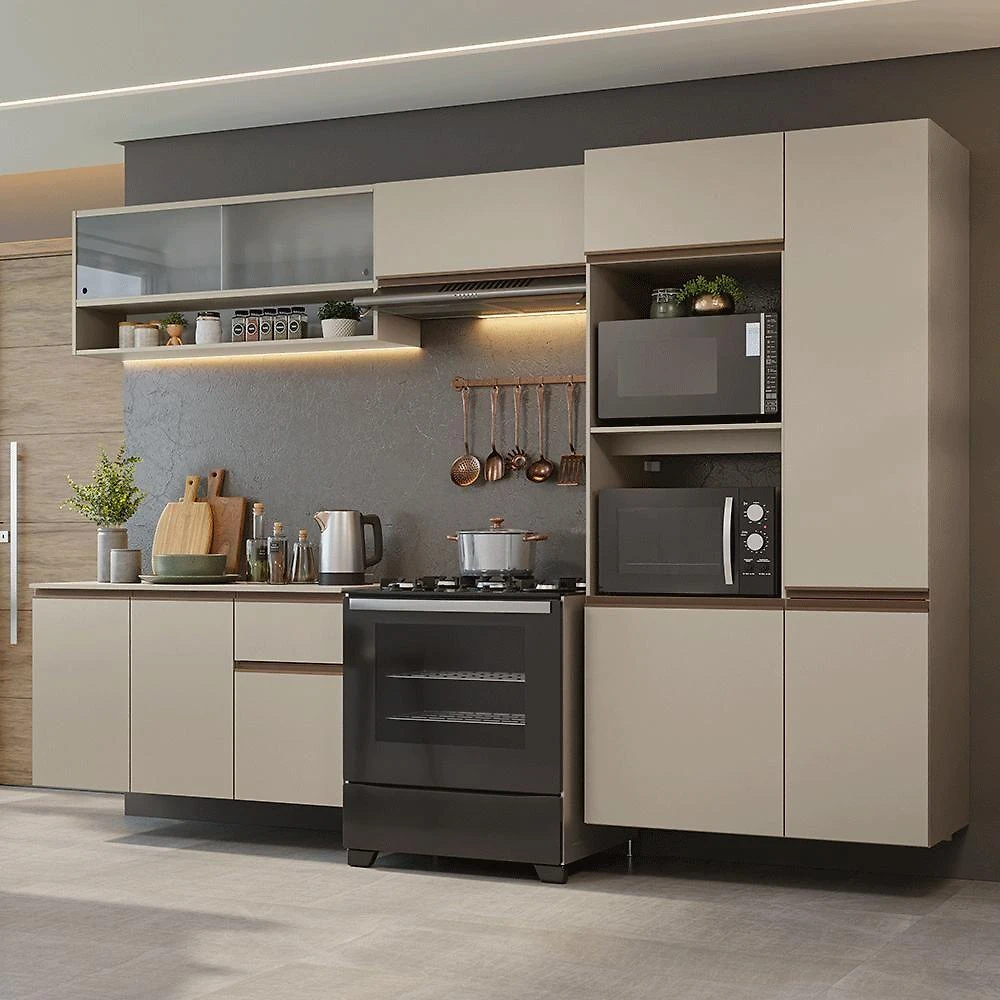 Armário De Cozinha Completa 300 Cm Suspenso Nice Madesa 06 Crema