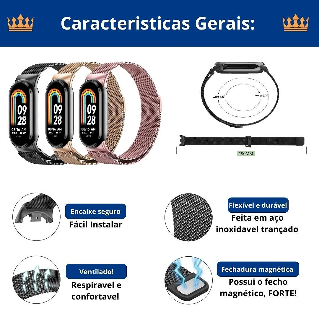 Miniatura Pulseira Inox Para Xiaomi Mi Band 8 2023 + Película Silicone