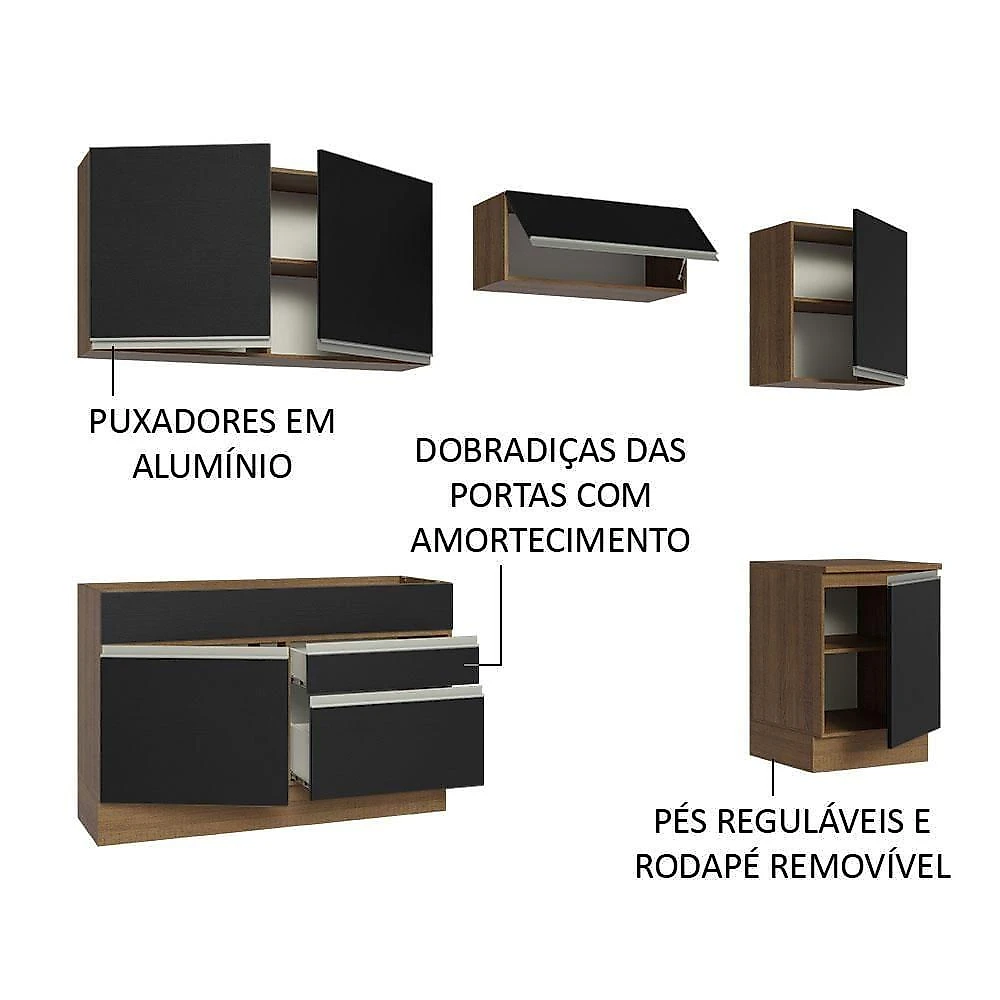 Armário De Cozinha 260Cm Rustic/Preto Glamy 05 Rustic/Preto